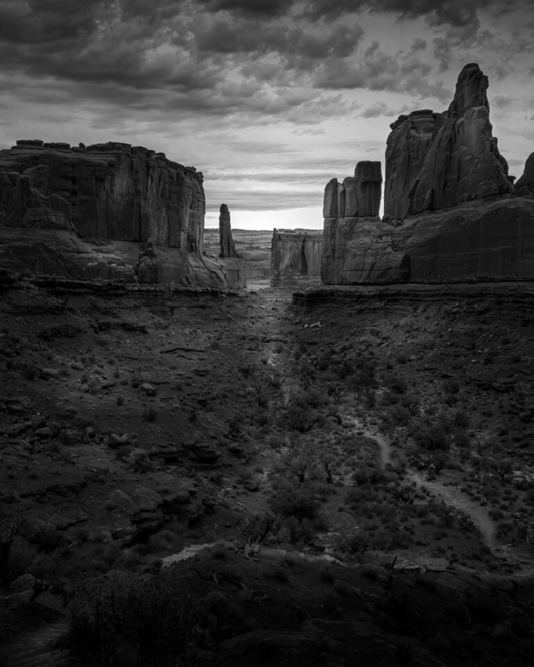 Park Avenue, Arches National Park, UT. Black and white brings out the detail of the clouds, and creates drama and emotion.