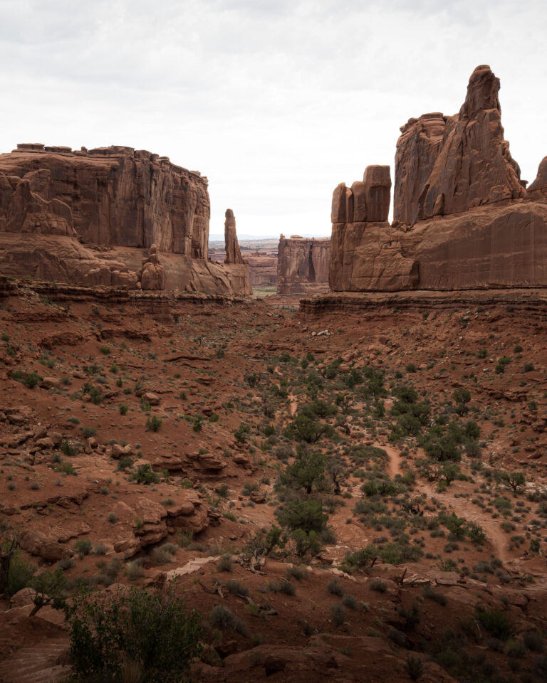 Arches National Park, Park Avenue. Color isn't a good choice because of the dull grey sky.