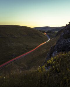 Winnets Pass Peak District, UK. Long Exposure of car light trails.