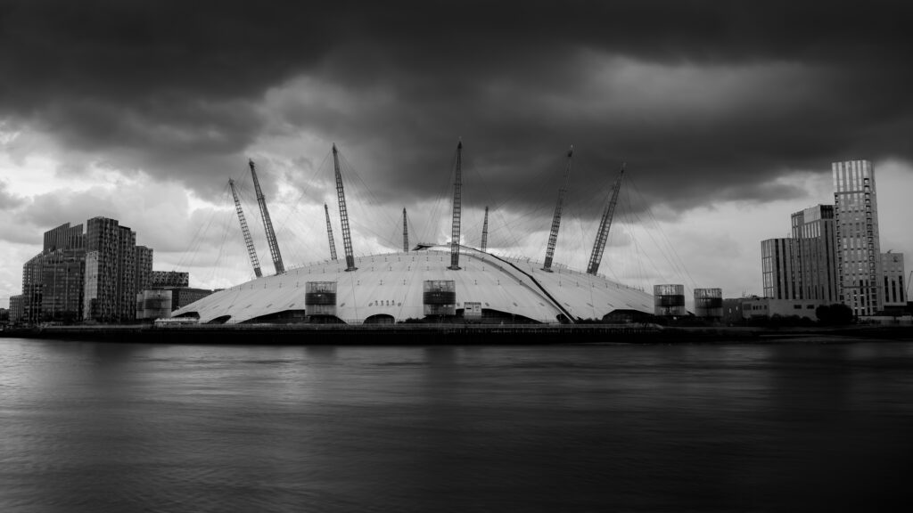 02 Arena, London, UK. Cloudy Day Photography. Black and White.